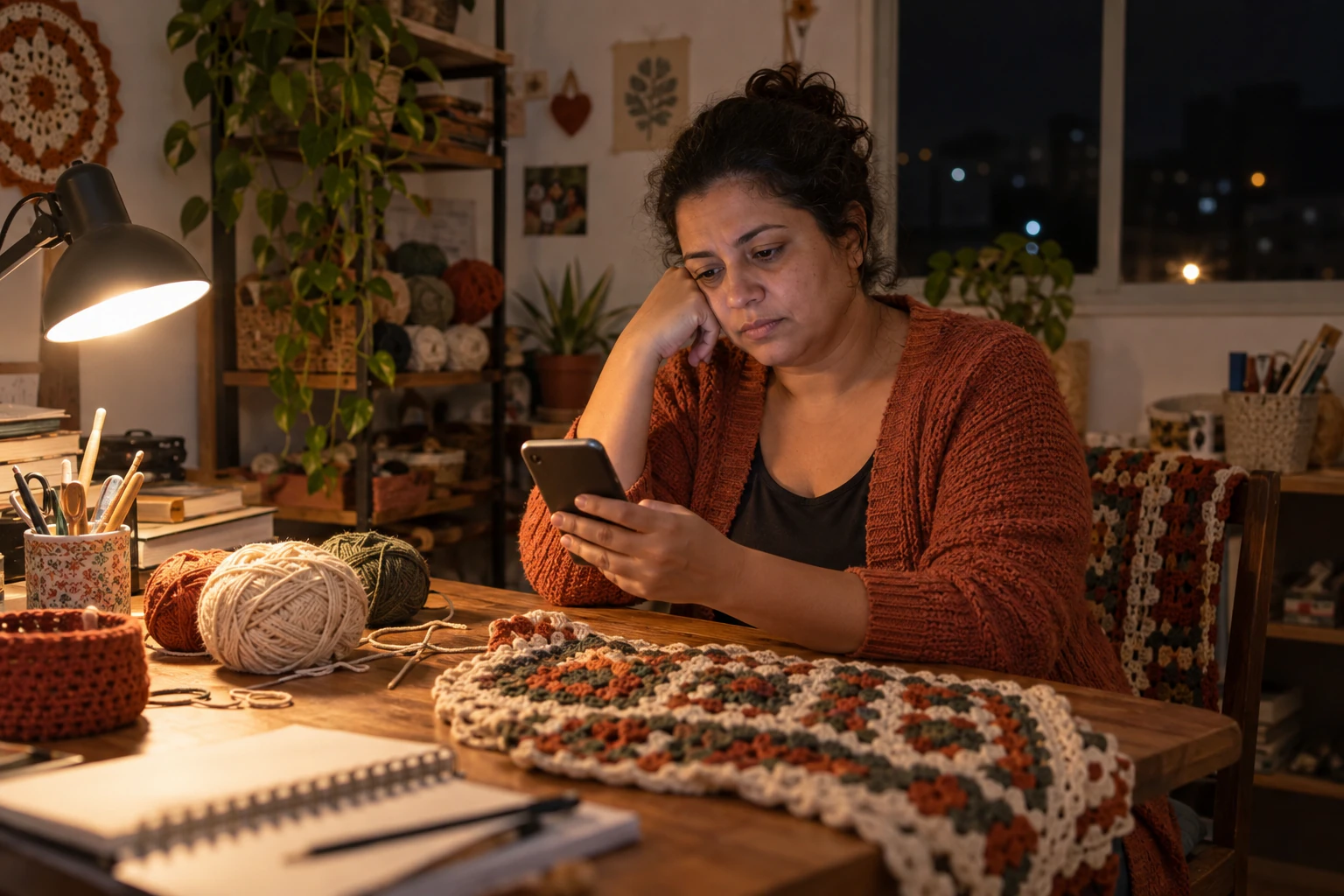 Artesã olhando o celular à noite, pensativa