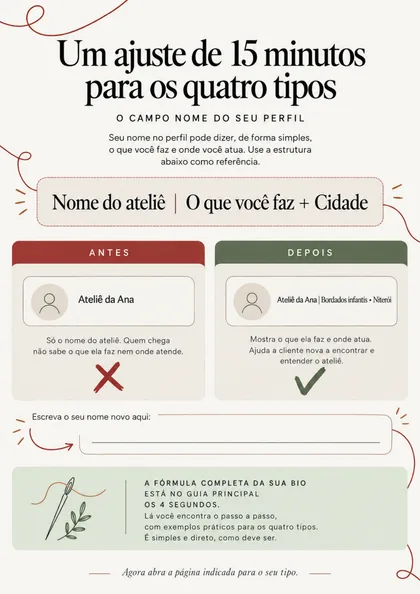 Página mostrando o campo Nome do perfil antes e depois, com espaço para escrever o seu