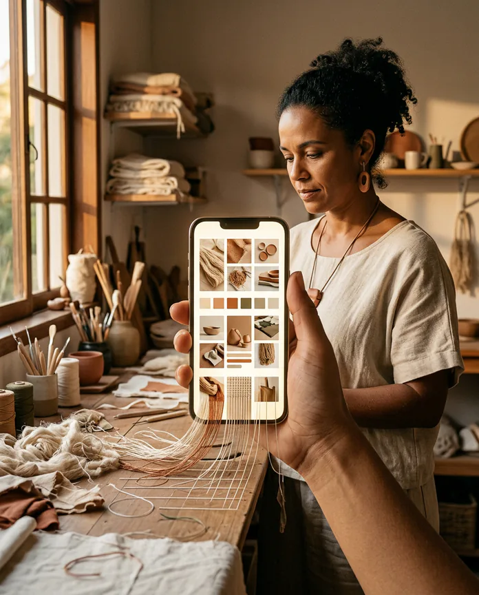 Cliente visualizando no celular o perfil organizado de um ateliê.